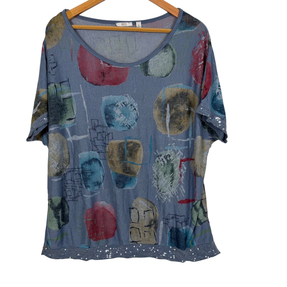 Kaktus Abstract Knit Top Womens Medium Blue Sequin Short Sleeve Made in Italy